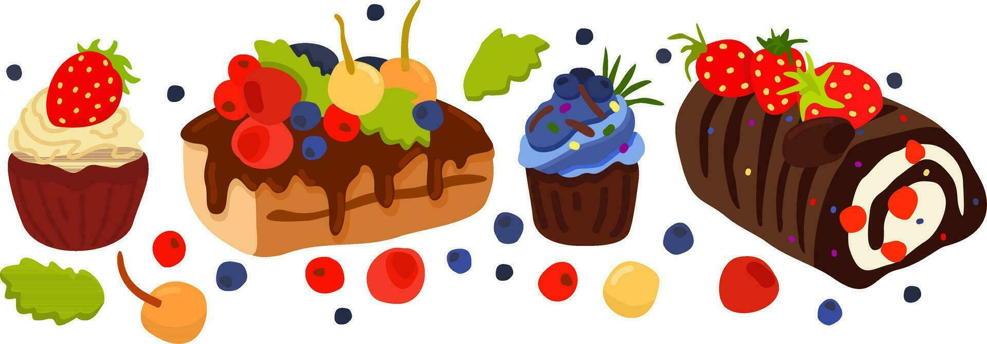 Cakes and berries. Yummy vector set of various colorful and tasty bisquits with cream, chocolate and berries.