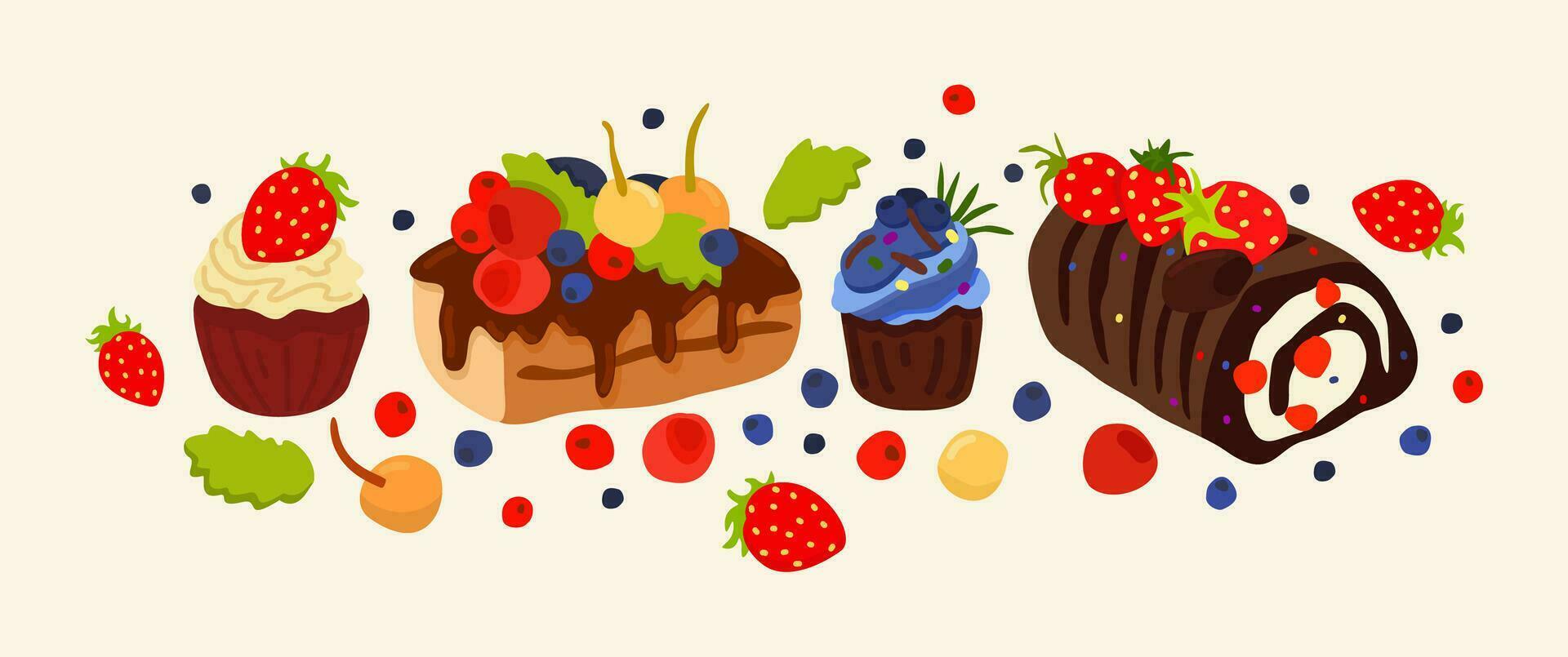 Cakes and berries. Yummy vector set of various colorful and tasty bisquits with cream, chocolate and berries.