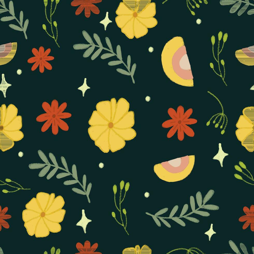 hand drawn flower and leaf seamless pattern in watercolor style vector