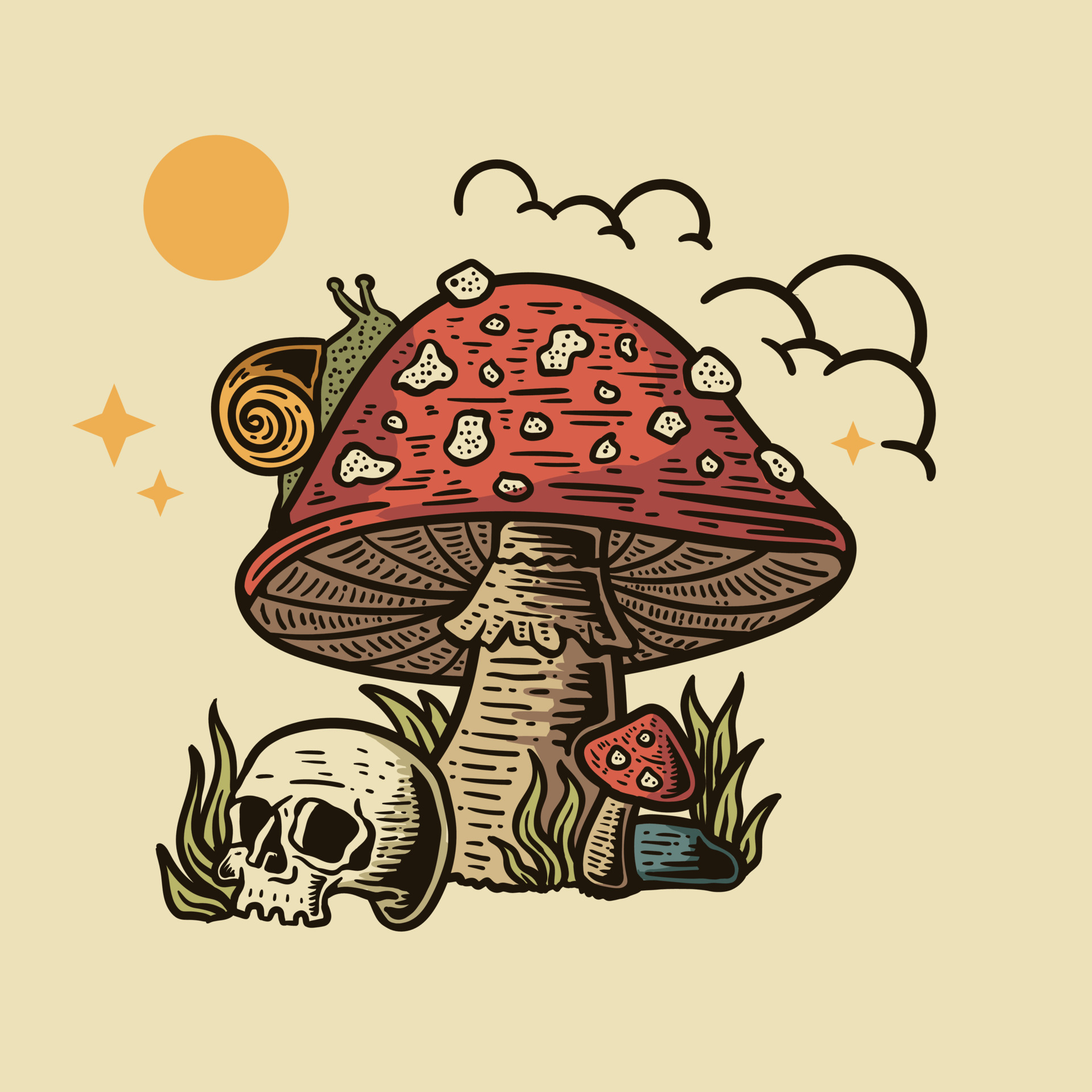 hand drawn illustration of mushroom landscape at night 24675427 Vector ...