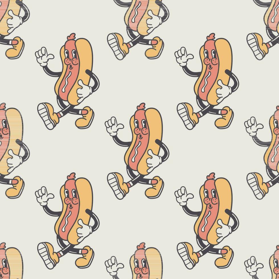 Hot dog vintage mascot cartoon character seamless pattern monochrome vector