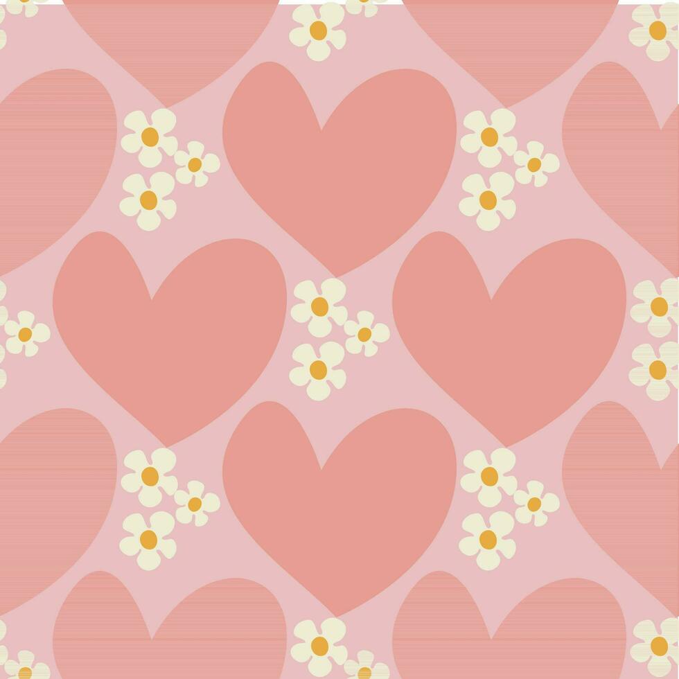 Seamless pattern with heart shape with flowers of daisy flowers in Groovy style on a light pink background vector