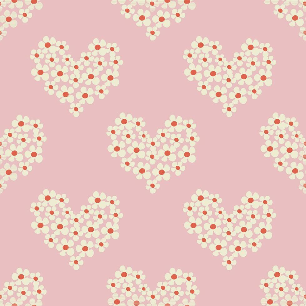 Seamless pattern with heart shape with flowers of daisy flowers in Groovy style on a pink background vector