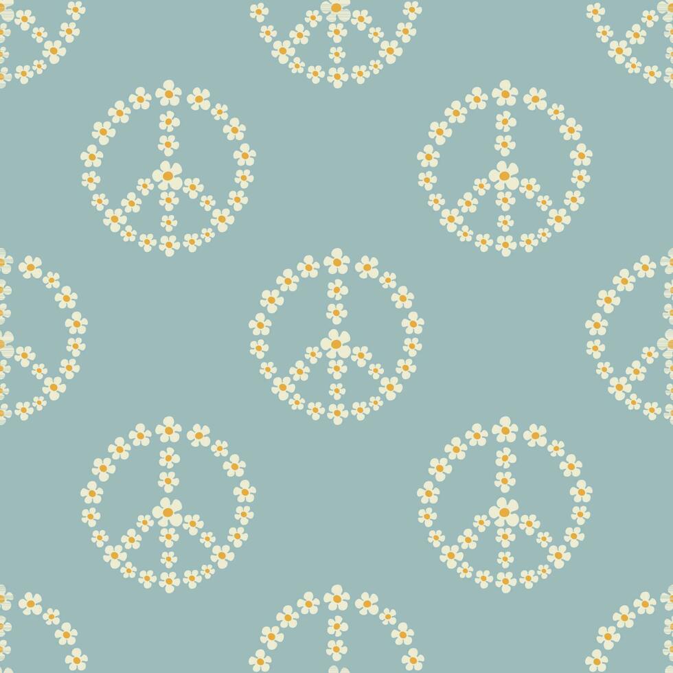 Seamless pattern with a peace symbol made of chamomile flowers in Groovy style on bllue color background vector
