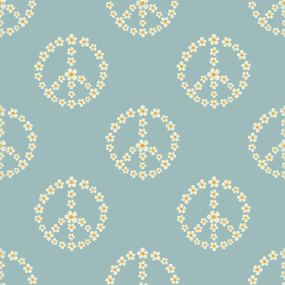 Seamless pattern with a peace symbol made of chamomile flowers in Groovy style on bllue color background vector