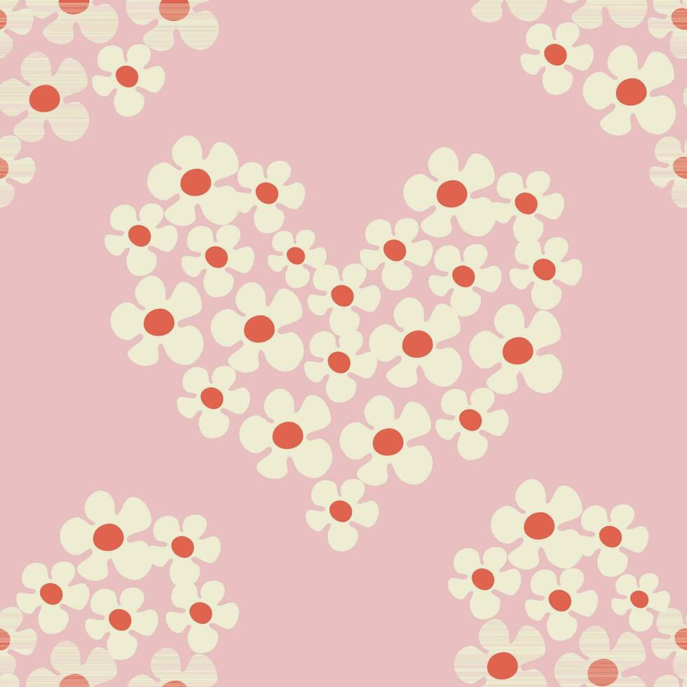 Seamless pattern with heart shape with flowers in Groovy style on a pink background vector