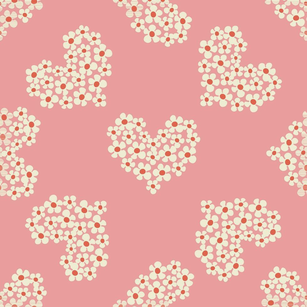 Seamless pattern with heart shape with flowers of daisy flowers in Groovy style on a pink background vector