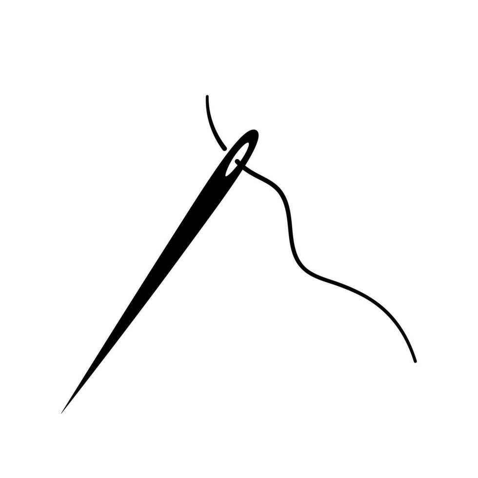 Sewing needle with thread. Hand drawn sketch icon of tailor needle. Needlework and embroidery concept. Isolated vector illustration in doodle line style.