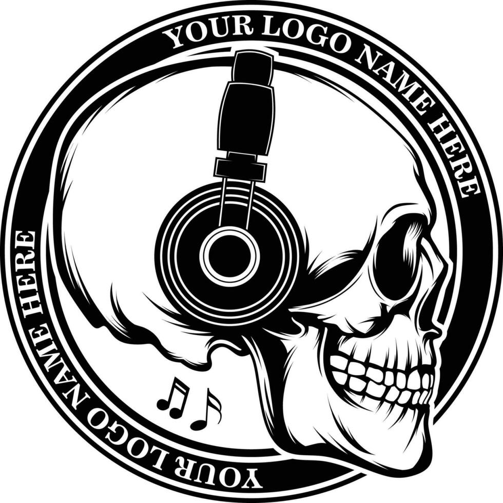 cráneo con auricular negro y blanco logo vector