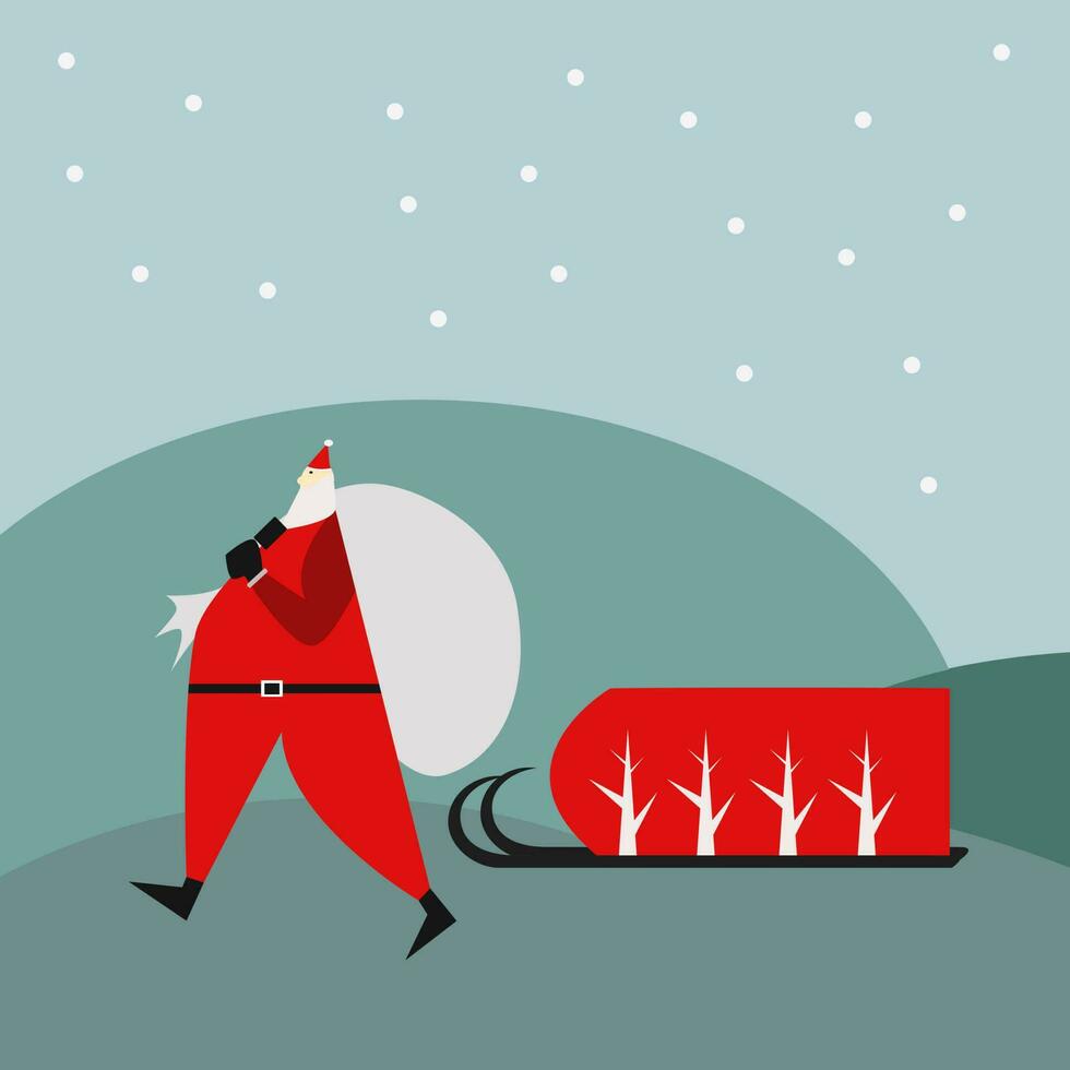 Santa Claus with gift bag pulling train. Vector illustration in flat style isolated on scenic background