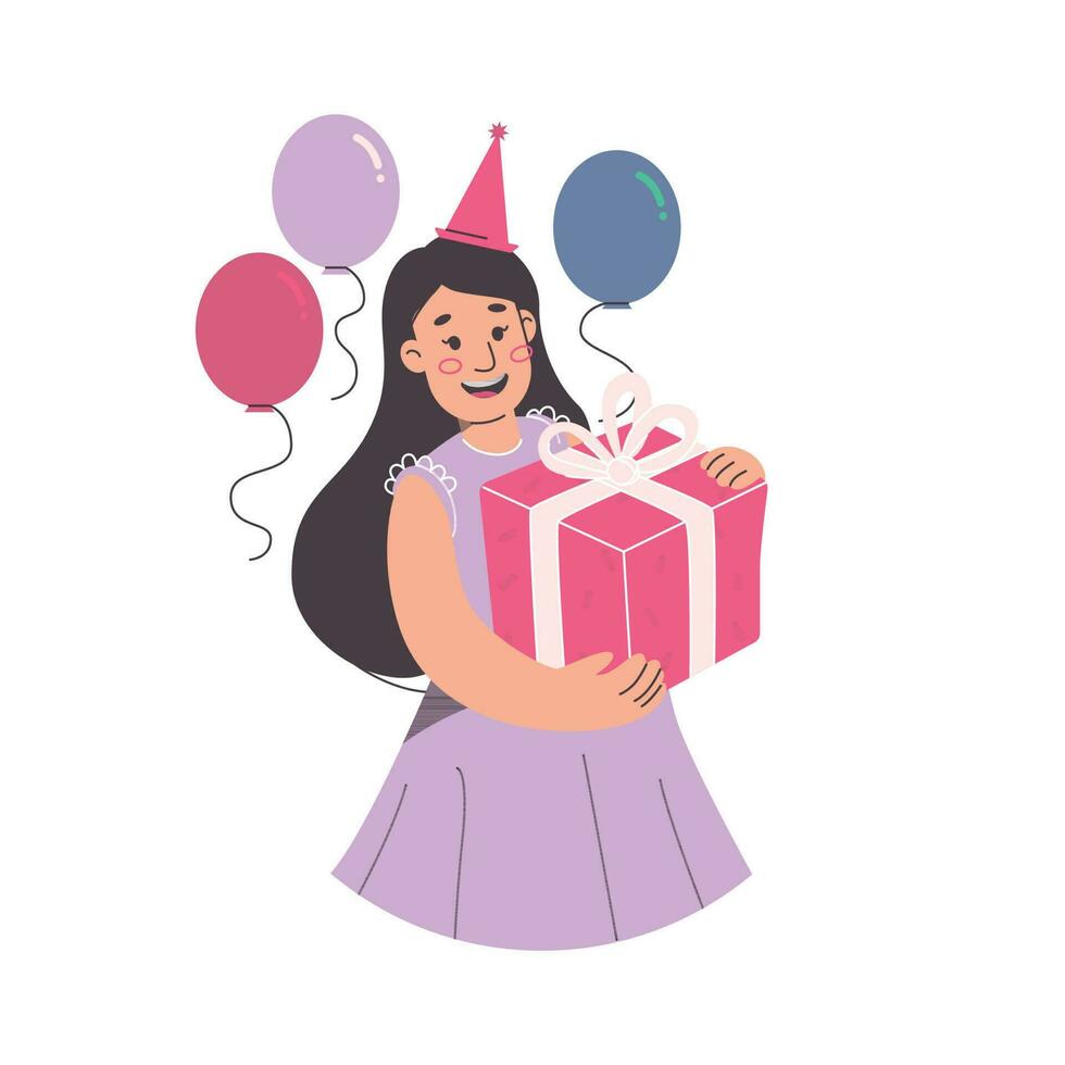 Vector illustration of cartoon woman with gift box and balloons isolated on white background. Art for newsletters, advertising, mailing list, business, greetings, seo.