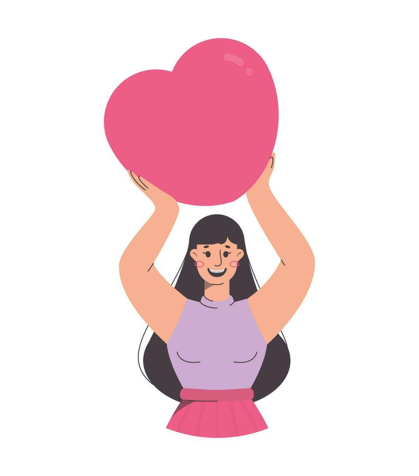 Vector illustration of cartoon woman holds heart isolated on white background. Art for Vilentine's card, newsletters, advertising, mailing list, business, greetings, seo, social media.
