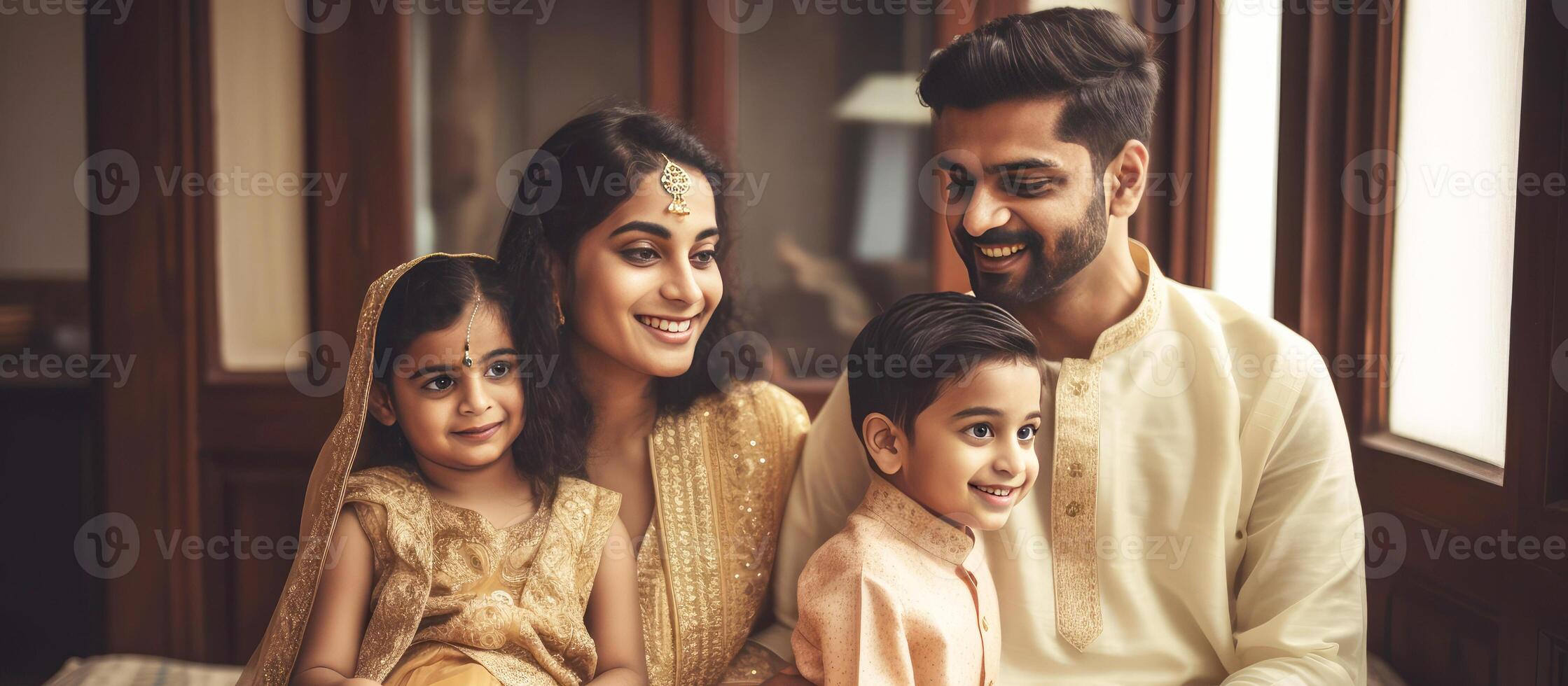 Cropped Image of Happy Indian Family Sitting Together in Traditional Dress During Celebration. . photo