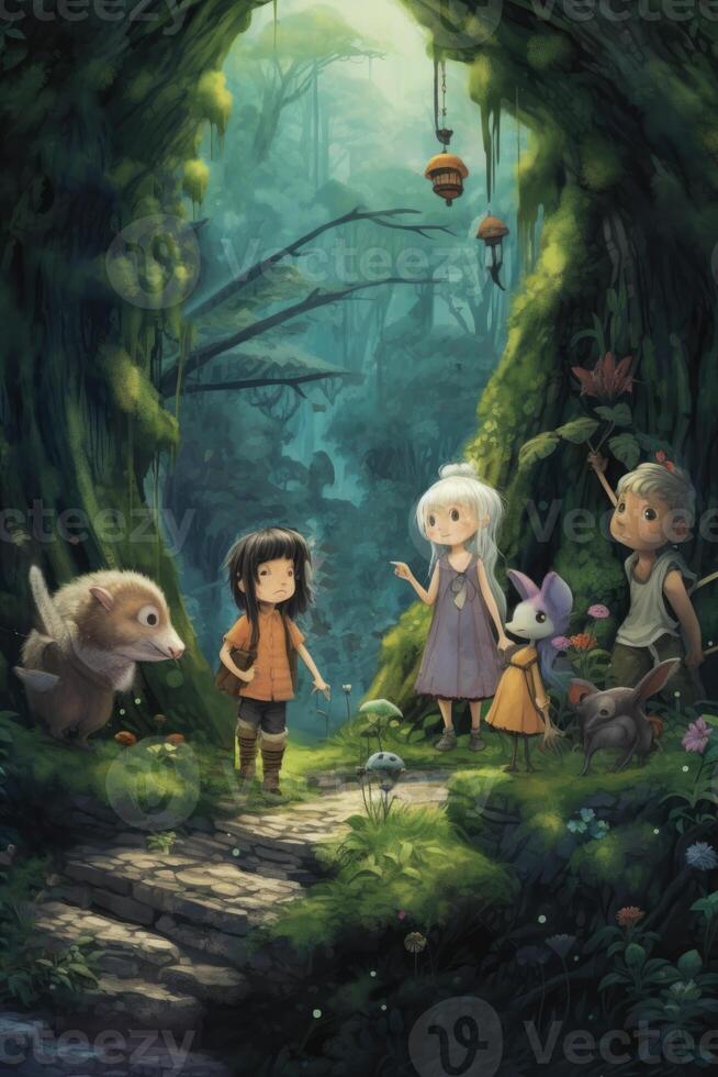 Disney Style Cute Boy and Girls Standing Animal Friends Standing At Dark Forest, Digital Illustration. photo