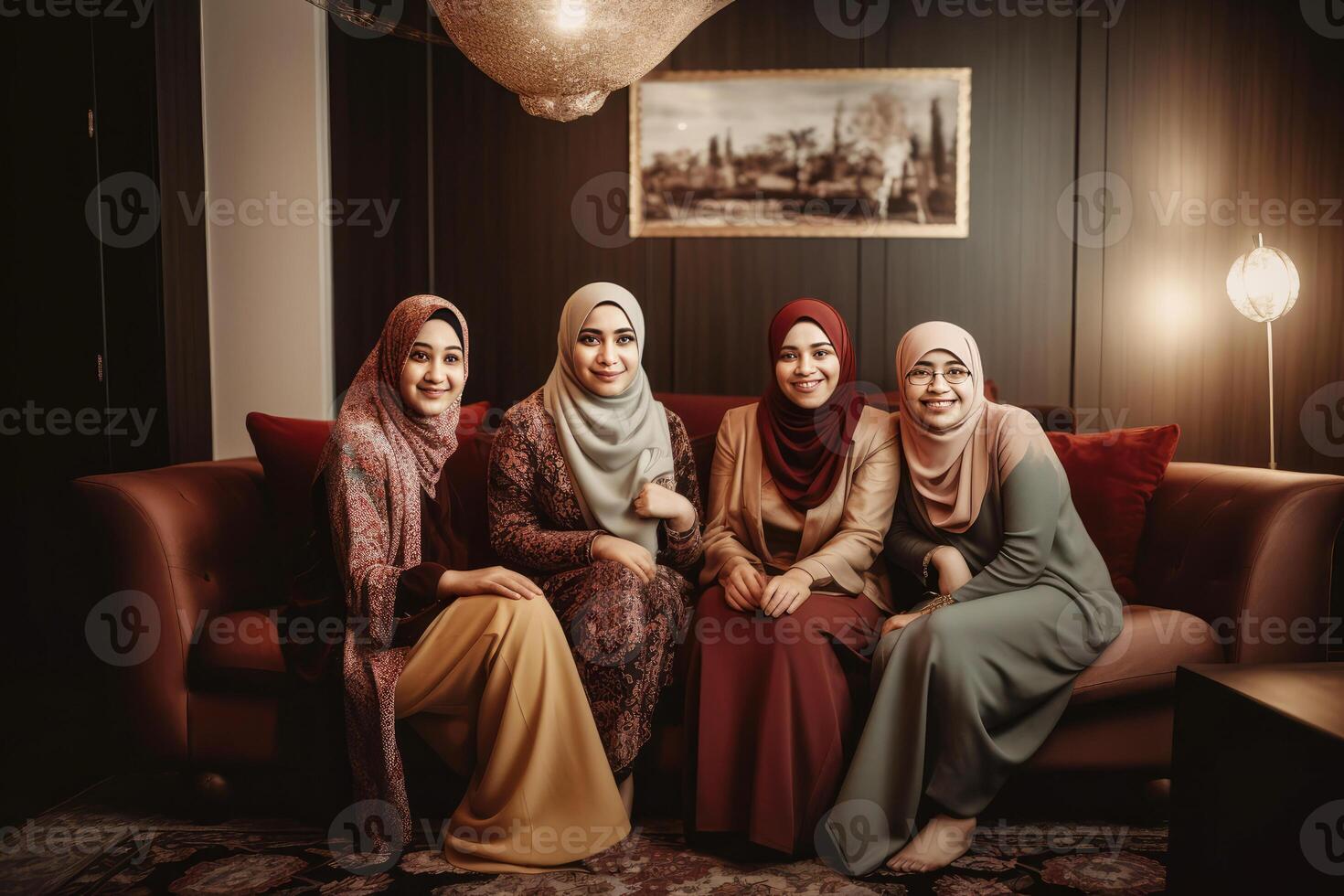 Portrait of Four Happy Muslim Women in Hijab on Sofa Looking at Camera. Islamic Festival Celebration Concept. . photo