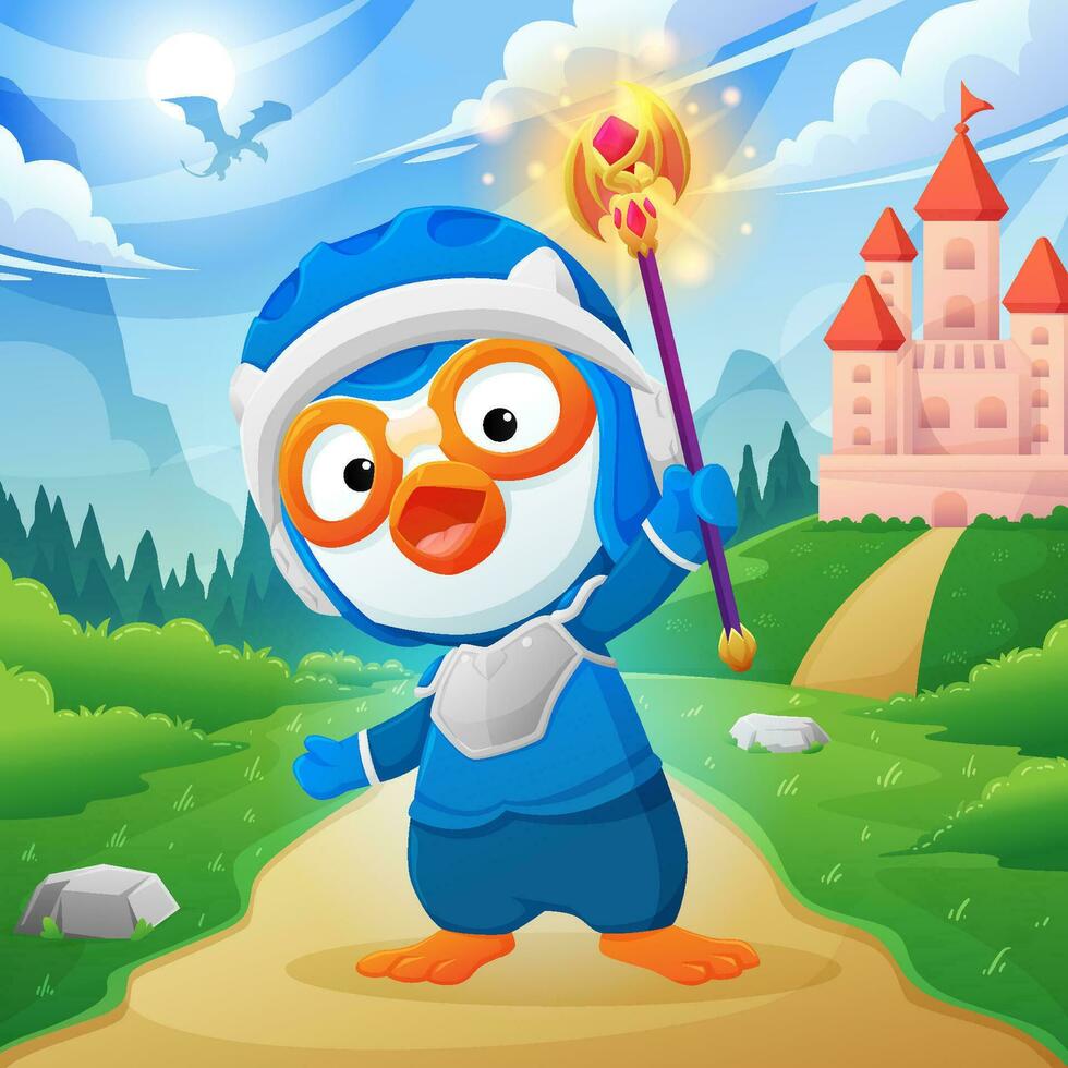 aventuras de linda pequeño pingüino en fantasía mundo vector