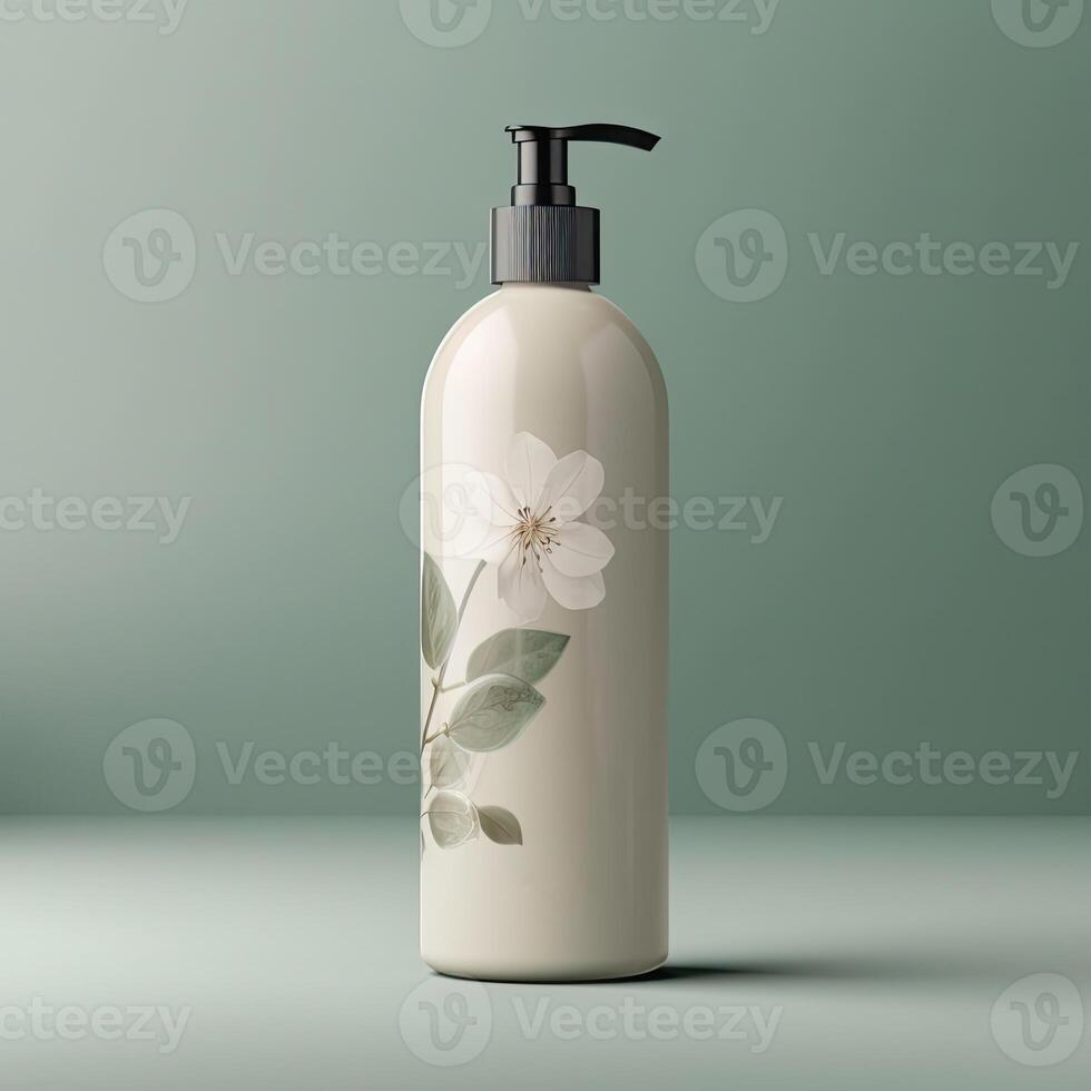 Cherry Flower Print Pump Bottle Mockup on Pastel Green Background. 3D Rendering , . photo