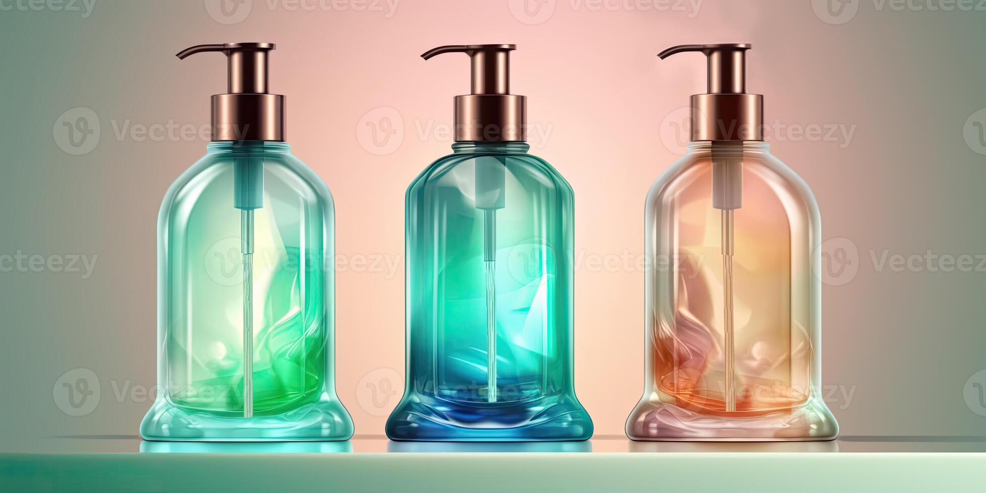 Three Color Essential Transparent Fluid Pump Bottles Mockup Set Against Pink And Green Gradient Background. photo