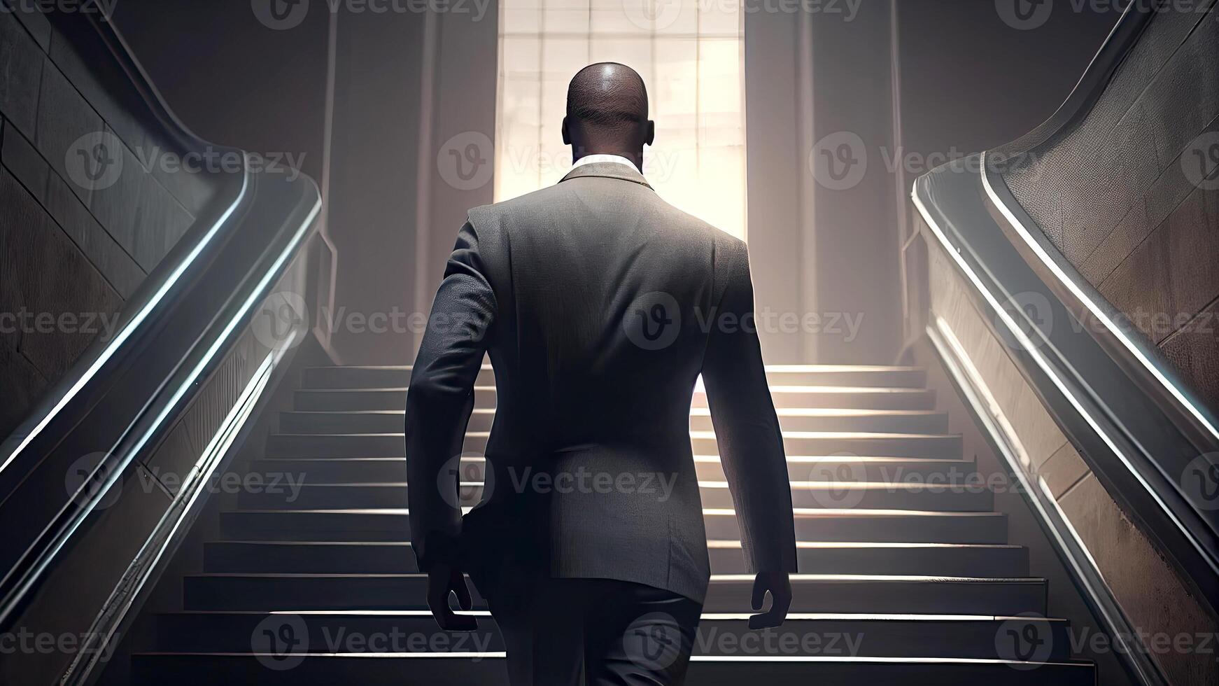 Back View of Businessman Climbing Stairs Towards the Lights Door Background, Success and Leadership Concept. Technology. photo