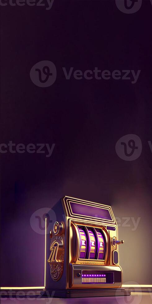 Golden and Purple Slot Machine with Winning Combination of Triple Seven and Copy Space. Gambling Addiction, Casino Games Concept. Technology. photo