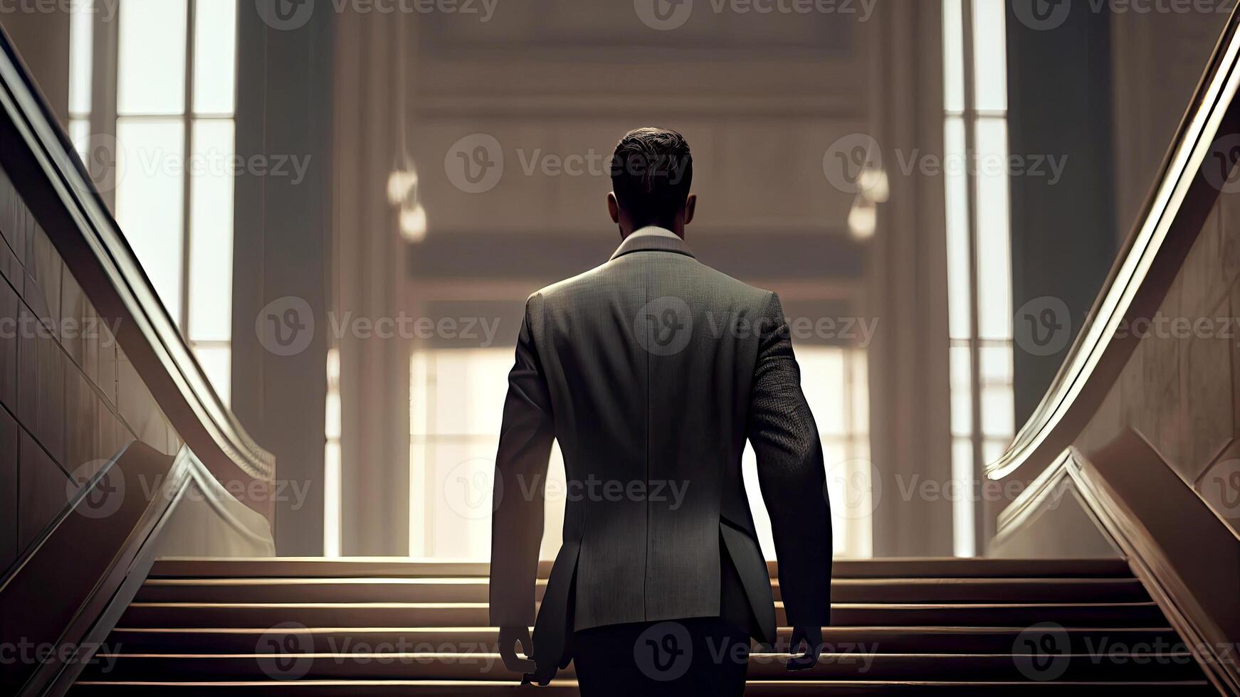 Back View of Businessman Climbing Stairs Towards the Lights Door Background. Success and Leadership Concept. Technology. photo