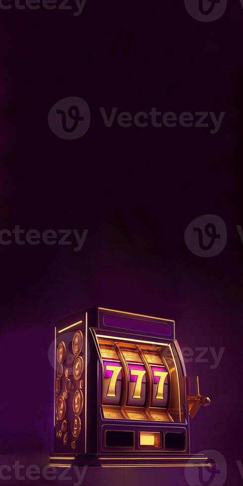 Golden and Purple Slot Machine with Winning Combination of Triple Seven. Gambling Addiction, Casino Games Concept. Technology. photo