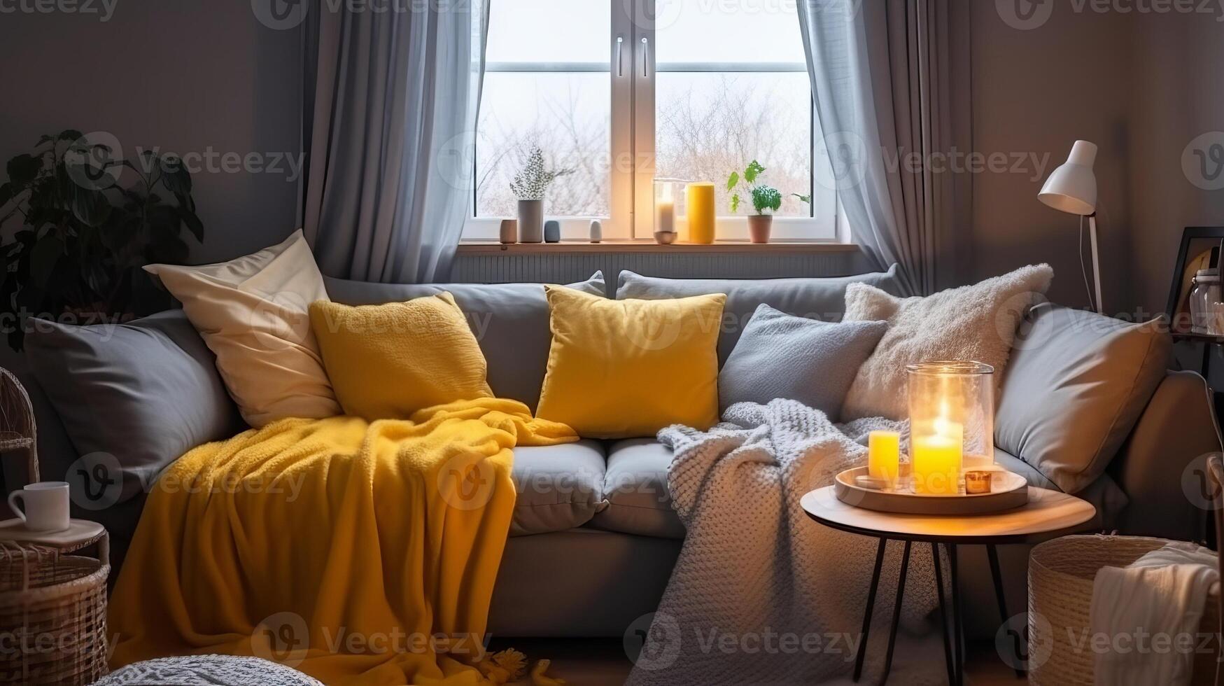 The in frame boho compostion at living room insides parts with arrange gray relax chair, wooden coffee table, commode and brilliant individual extra things. Creative resource, photo