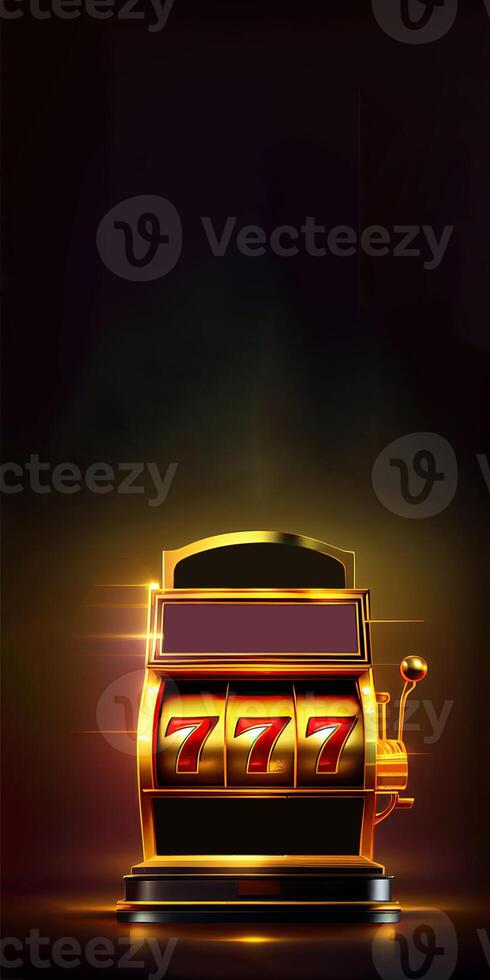 Golden Shine Casino Slot Machine with Winning Combination of Triple Seven. Casino Games Concept, Lucky One Armed Bandit. Vertical Banner Design and Copy Space. Technology. photo