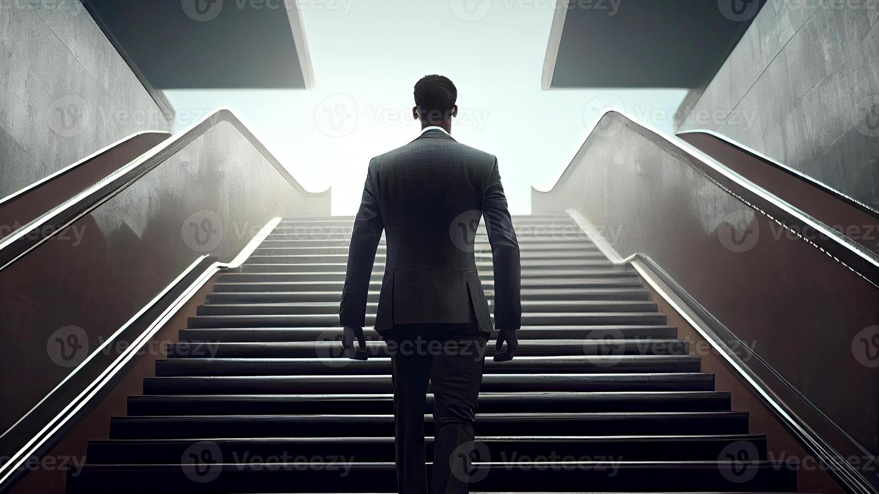 Back View of Businessman Climbing Stairs Towards the Light. Success and Leadership Concept. Technology. photo