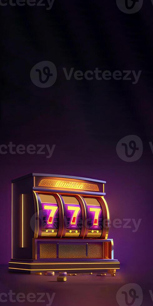 Golden and Purple Shiny Casino Slot Machine with Winning Combination of Triple Seven. Casino Games Concept. Vertical Banner Design and Copy Space. Technology. photo