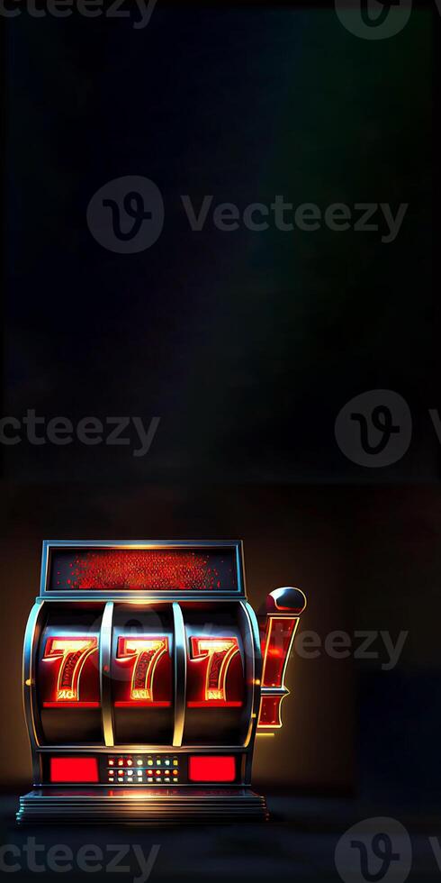 Glowing Casino Slot Machine with Winning Combination of Triple Seven. Casino Games Concept, Lucky One Armed Bandit. Vertical Banner Design and Copy Space. Technology. photo