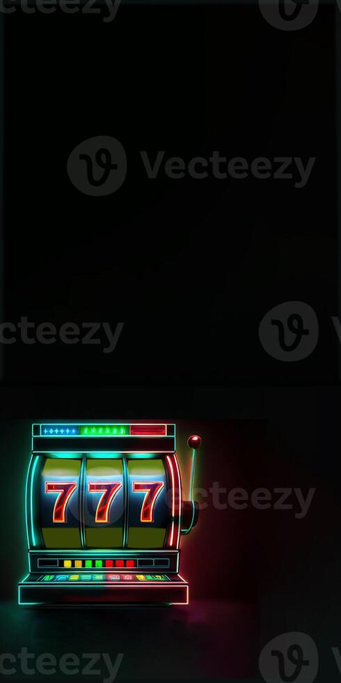 Neon Shine Casino Slot Machine with Winning Combination of Triple Seven. Gambling Addiction, Casino Games Concept. Lucky One Armed Bandit, Technology. photo