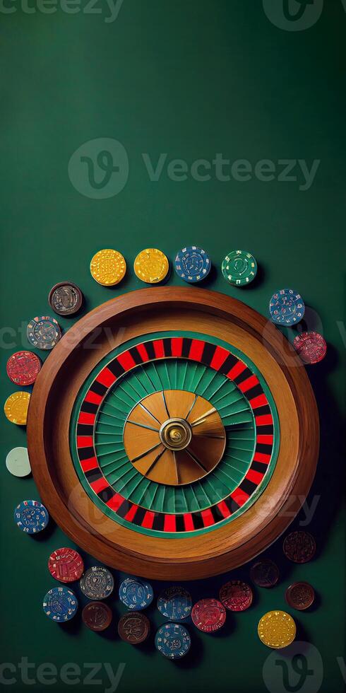 Top View of Roulette Wheel Surrounded by Colorful Poker Chips Against Green Background and Copy Space, Casino Gambling Concept. . photo