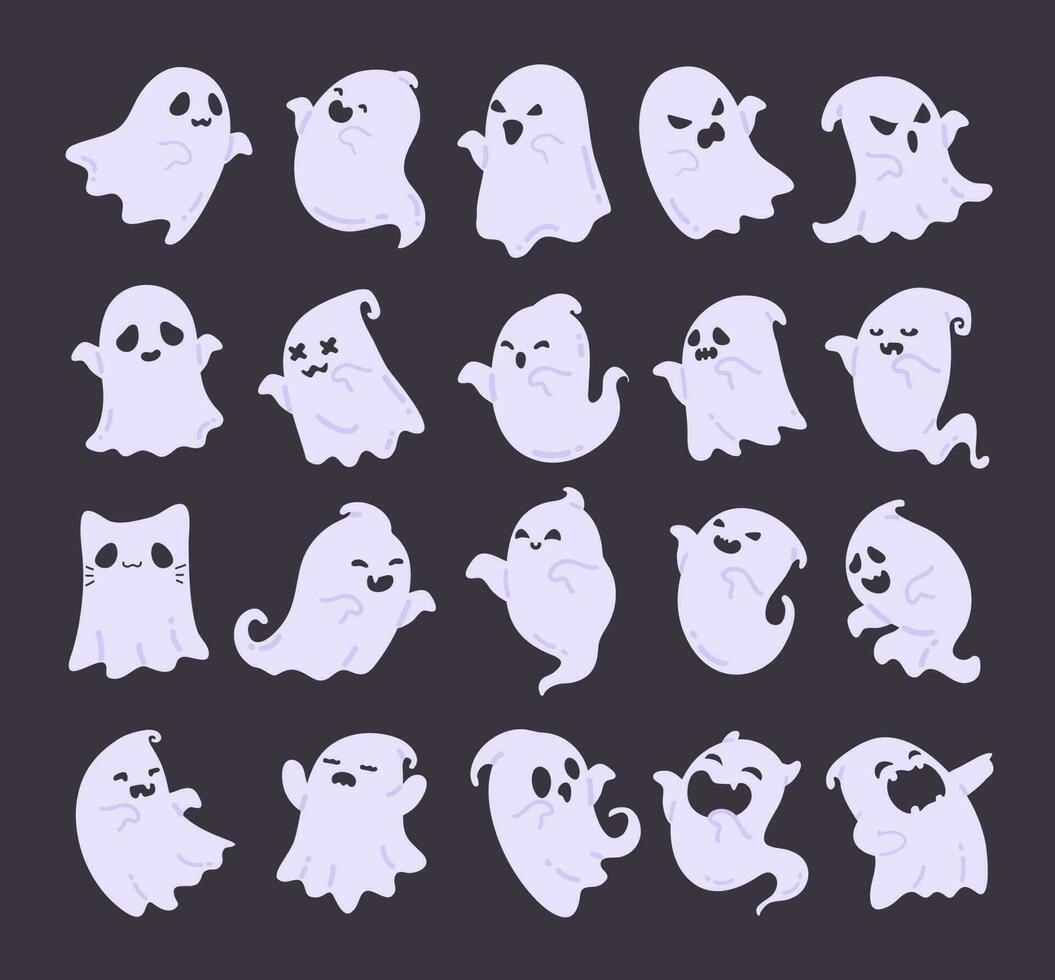 Cartoon ghost in white robe floating Haunt and scare people on Halloween night. vector