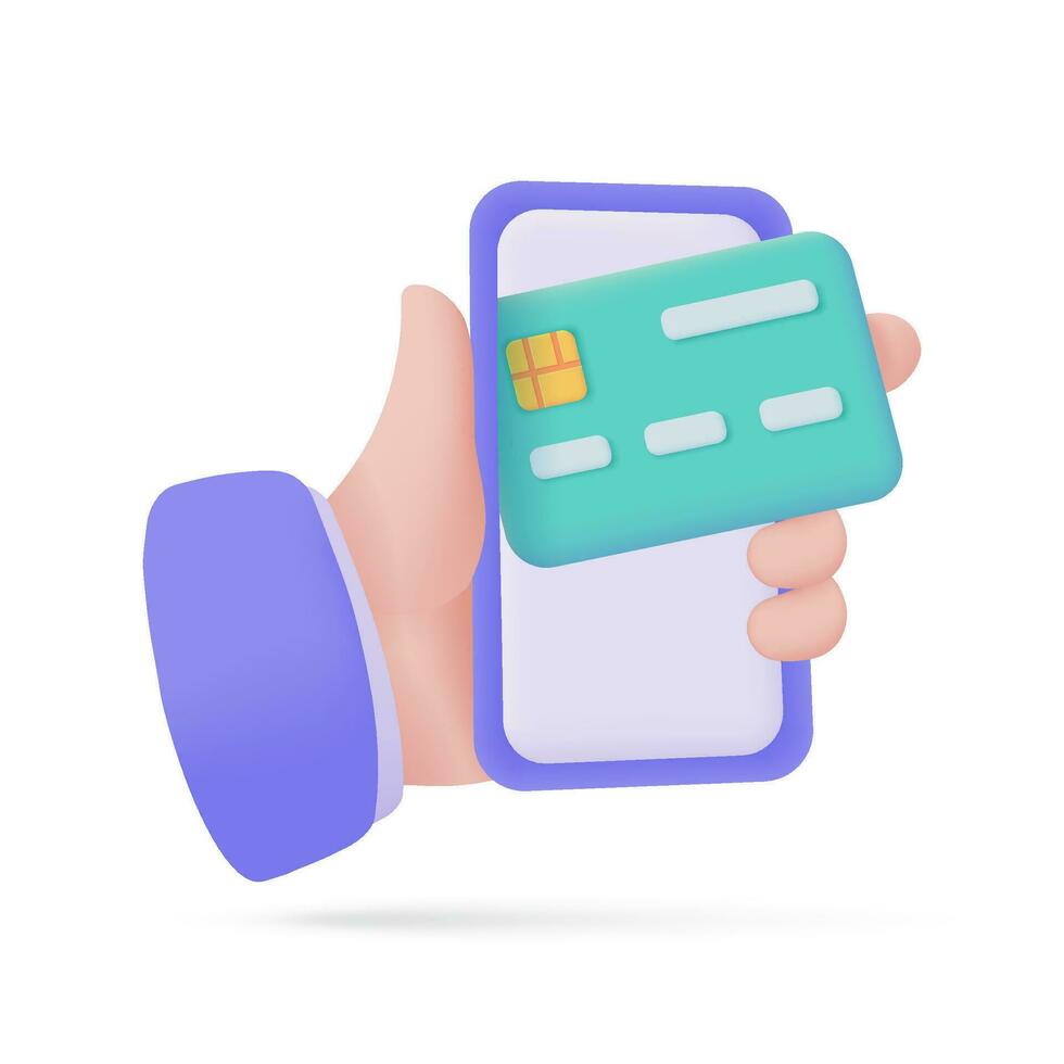 Credit card in phone. 3d illustration. Cashless society concept. online shopping with mobile phone vector
