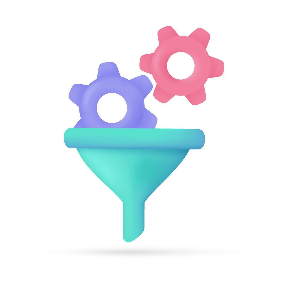 gears on the filter funnel Work process screening concept. 3D Vector Illustration.