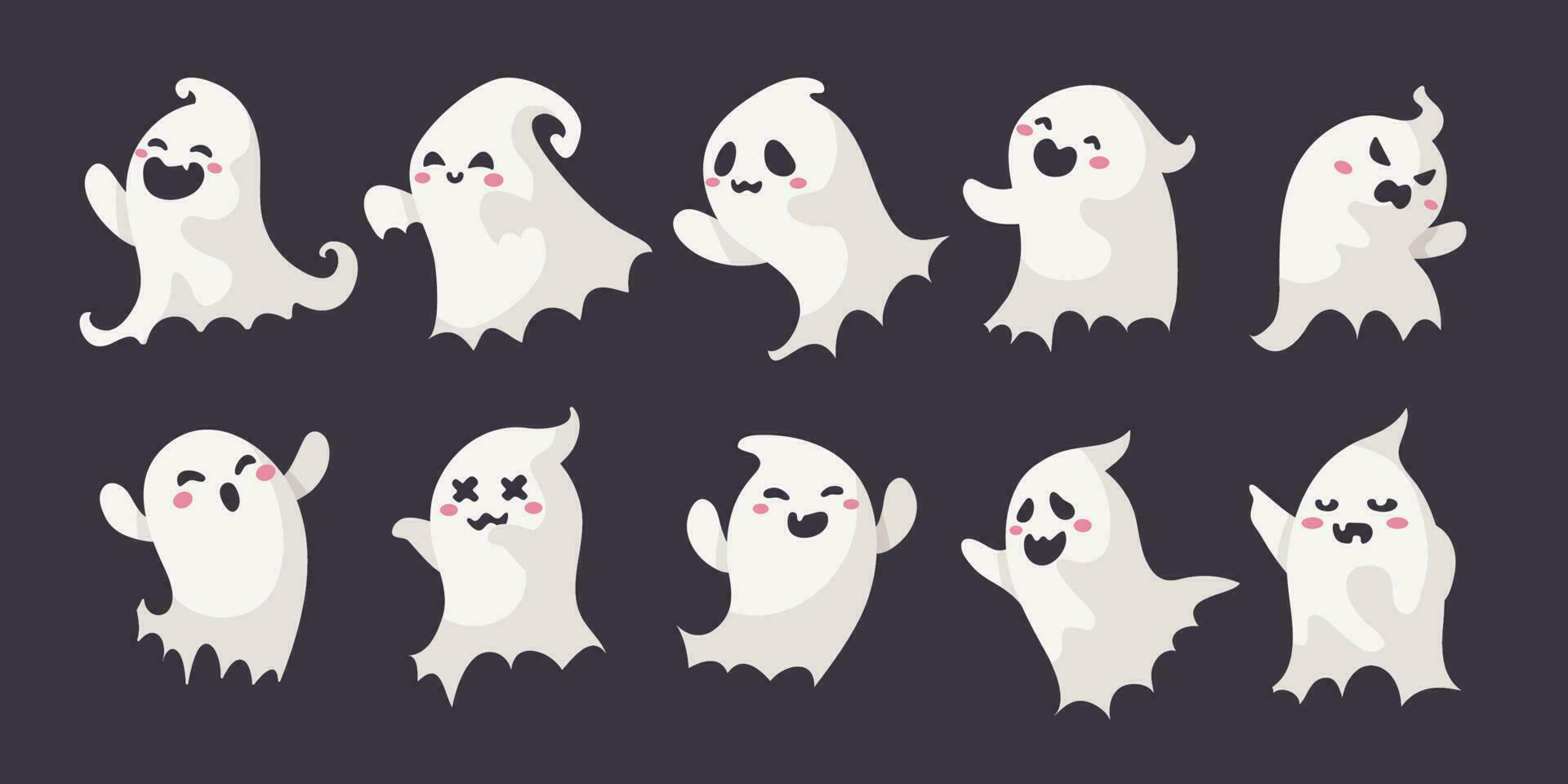 Cartoon ghost in white robe floating Haunt and scare people on Halloween night. vector