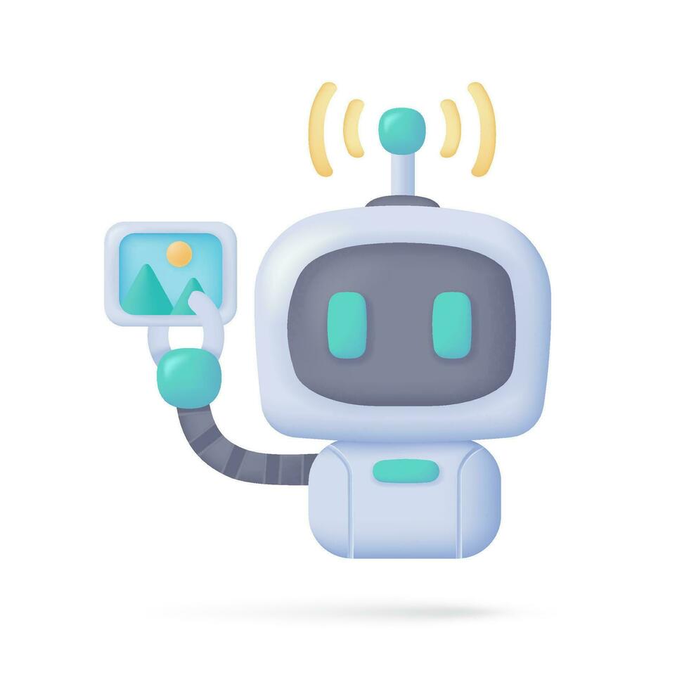vector 3d inteligente robot en computadora a ayudar en humano trabajo creativo dibujos animados robots en Arte y ayuda responder preguntas.