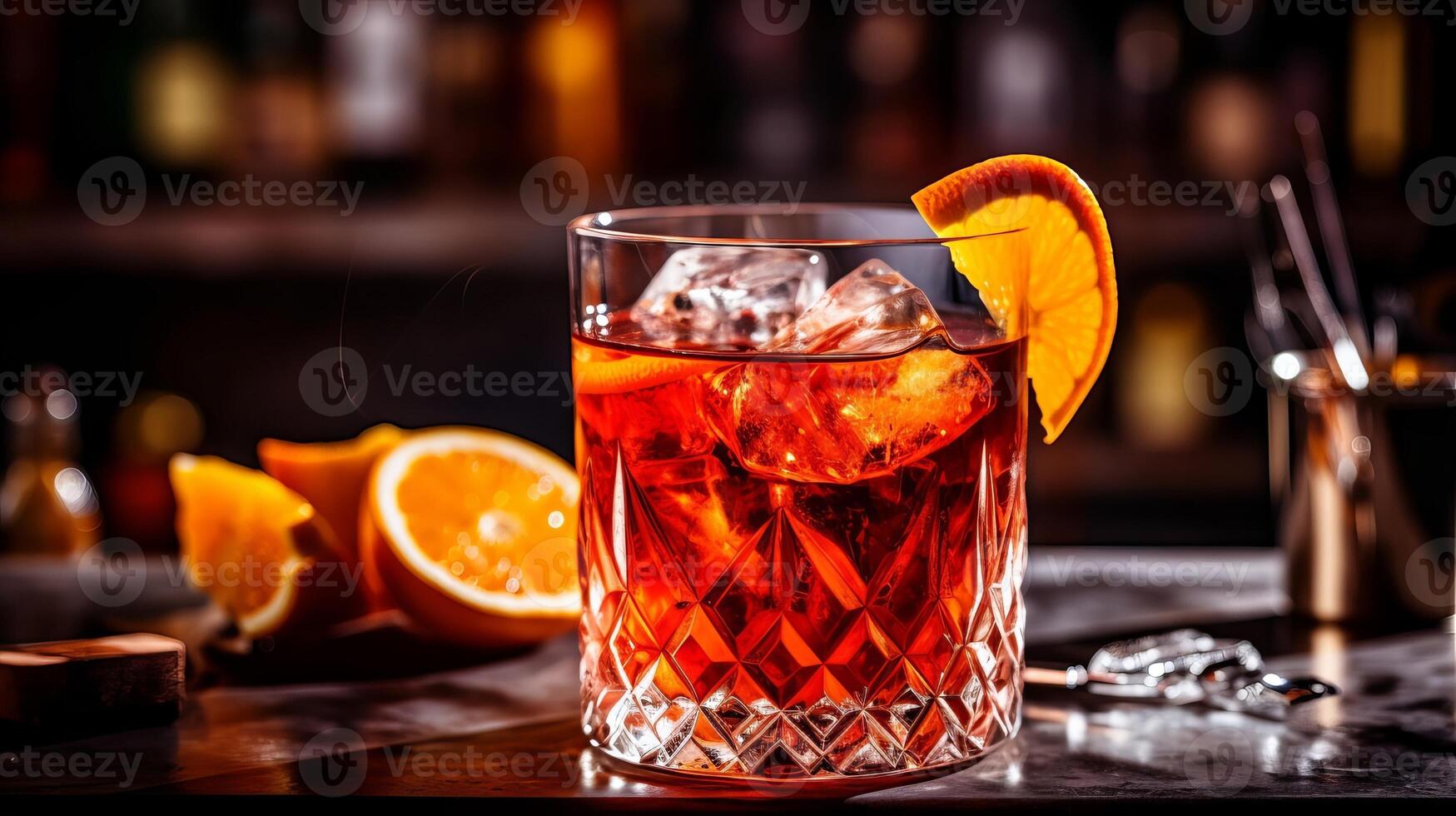 cóctel negroni con Ginebra, Campari martini rosso y naranja. negroni cóctel a el bar. creativo recurso, ai generado foto