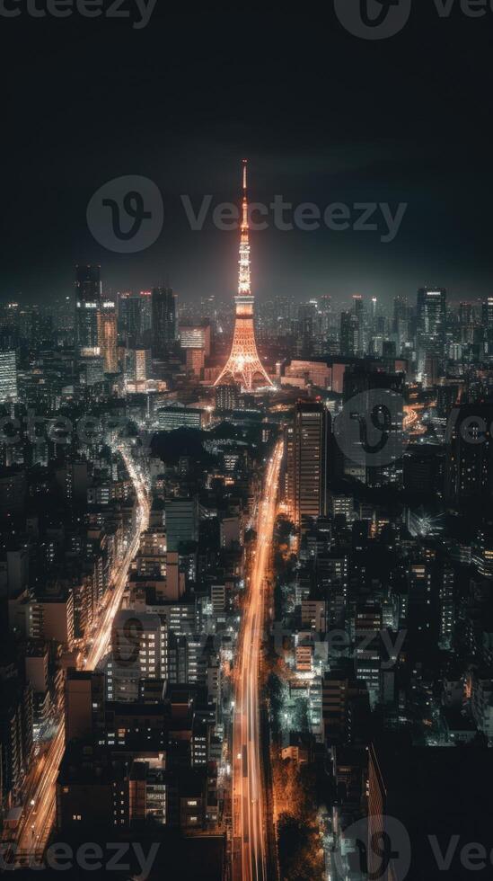 Illuminated Tokyo City with Skyline, Residential Buildings in Japan at Night View. Technology. photo