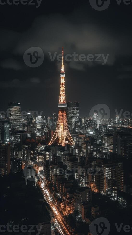 Illuminated Tokyo City with Skyline, Residential Buildings in Japan at Night View. Technology. photo