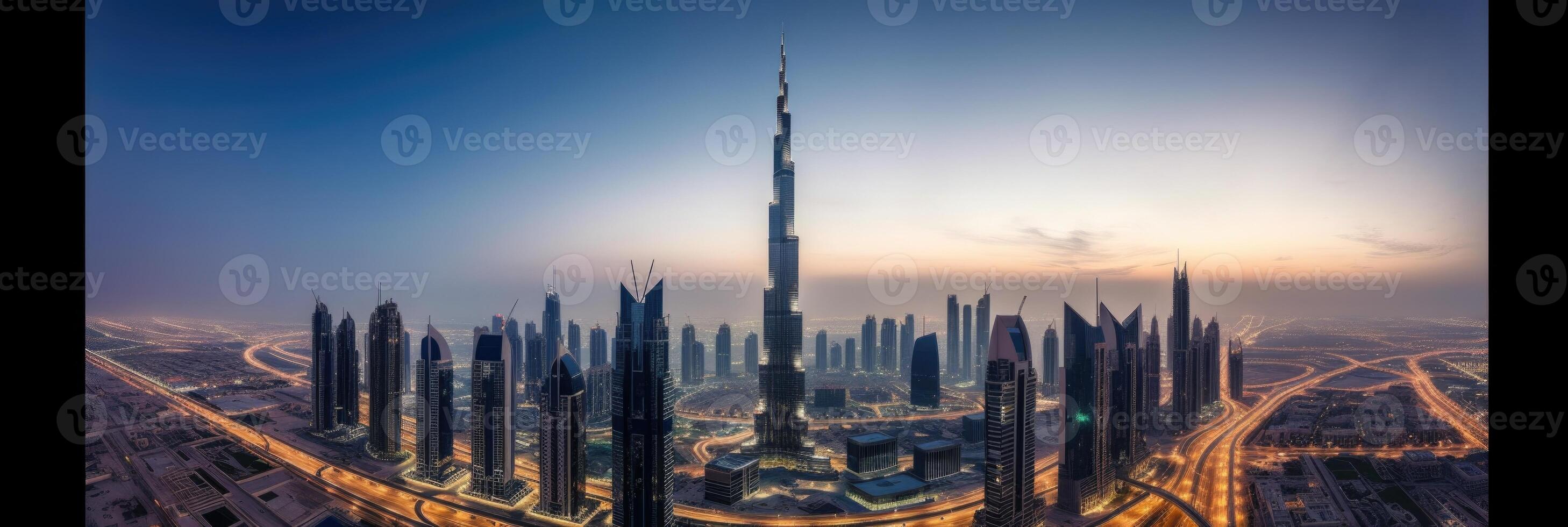 Downtown Dubai City with Burj Khalifa and Sheikh Zayed Road in Evening or Early Morning View. Technology. photo