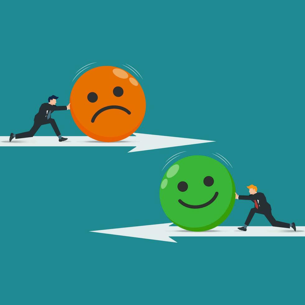 Vector two businessmen pushing the upset and happy emoticon vector illustration