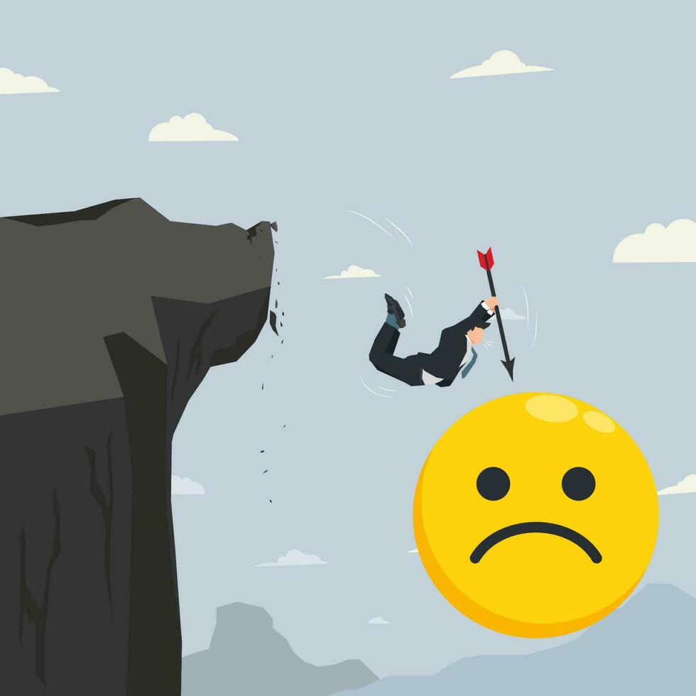 Businessman jumping from the cliff to pop the yellow upset emoticon. Relieve anxiety concept vector illustration