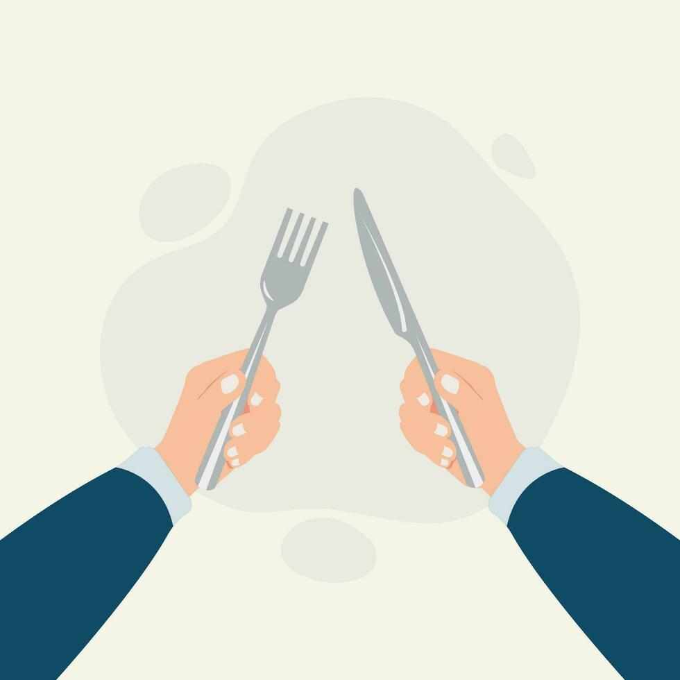 Fork and knife cutlery in hands vector illustration