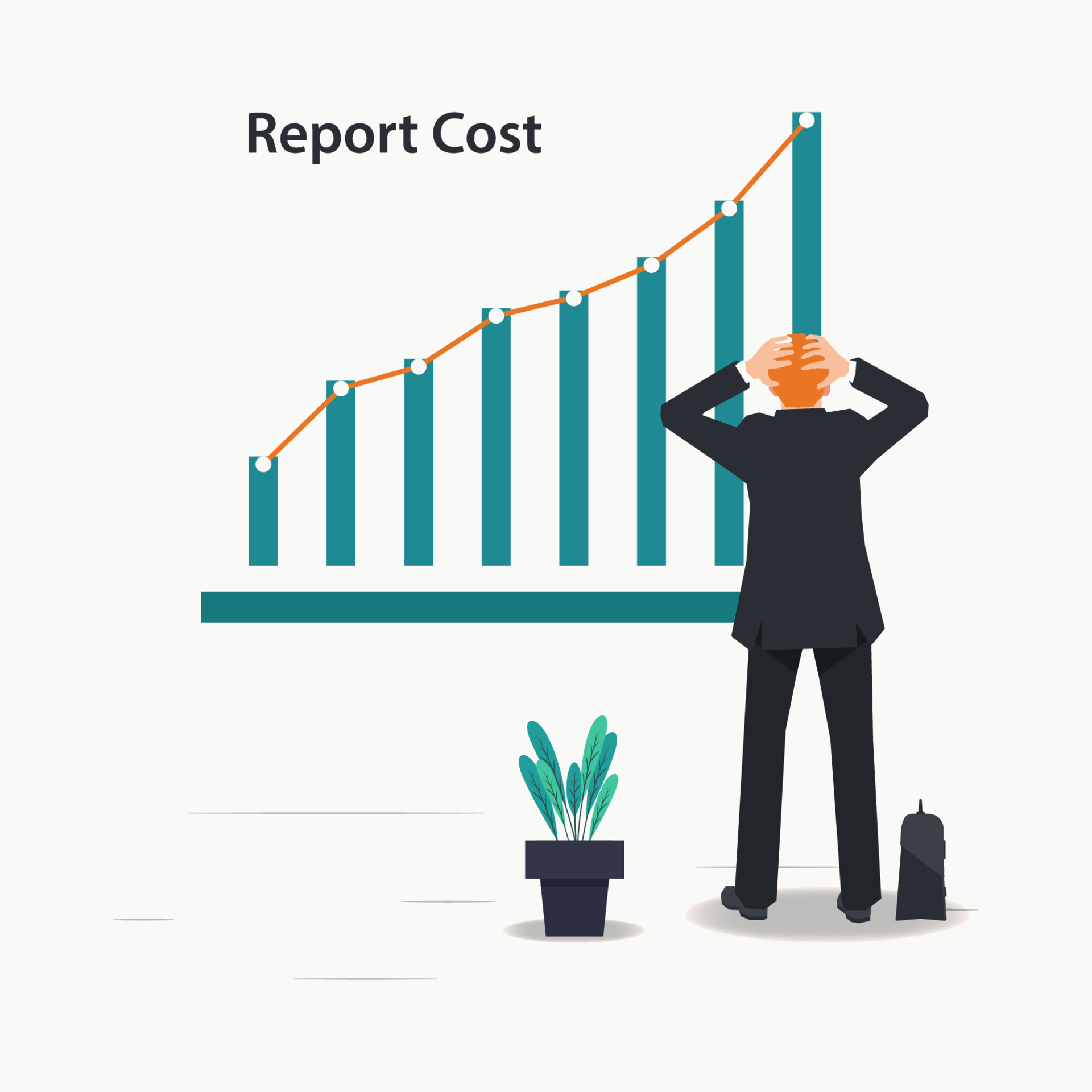 Vector businessman looking at graphic cost report. Cost increase design