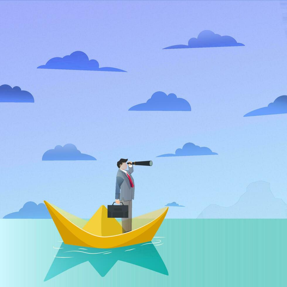 Businessman sailing on paper boat in ocean hold telescope. Goal search, business vision, reach the target concept vector