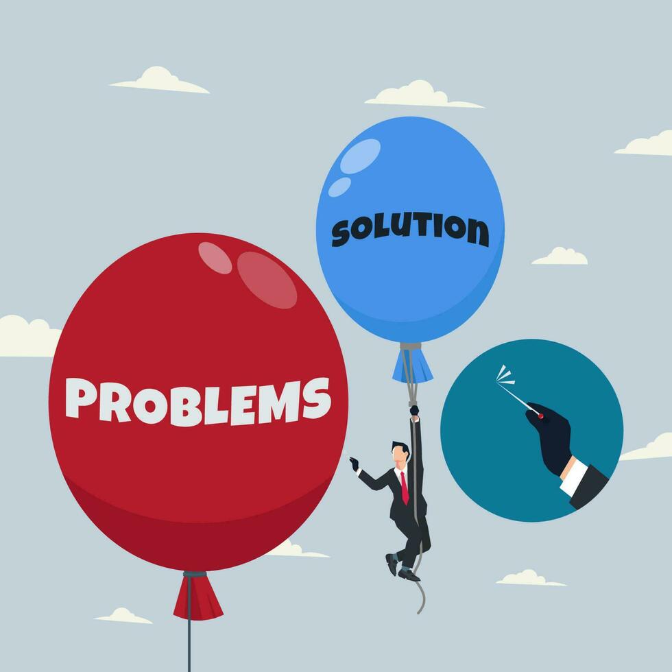 Businessman flying with blue balloon hold the needle to pop the red balloon with word  PROBLEMS. Solve the problems concept vector illustration