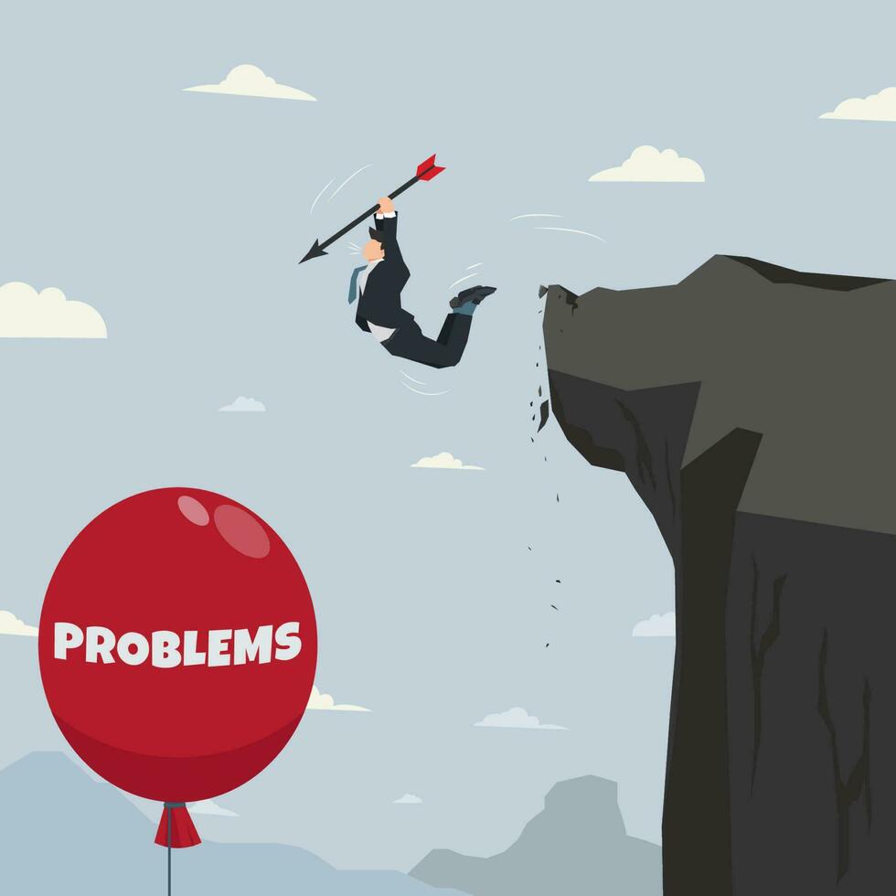 Businessman jumping from the cliff to pop the red balloon with word  PROBLEMS. Solve the problems concept vector illustration