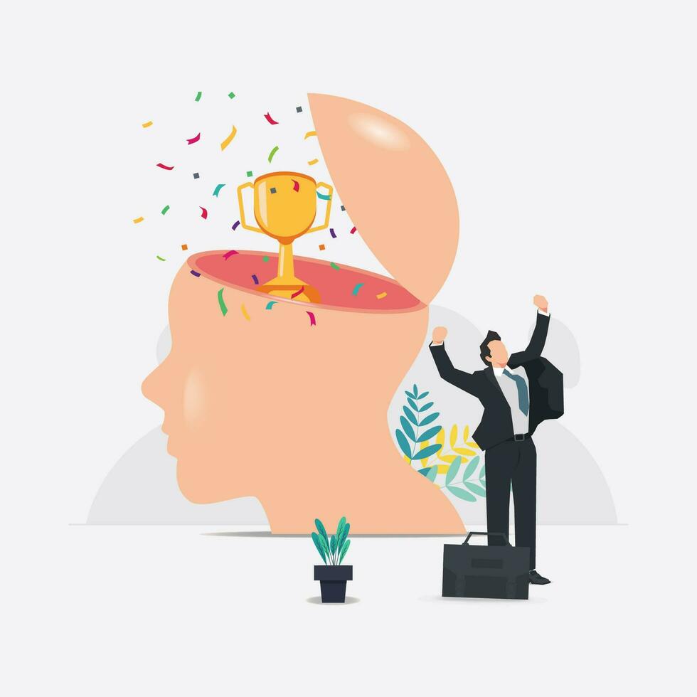 Vector human brain opens with trophy. Businessman get award trophy. Best and success business design vector illustration